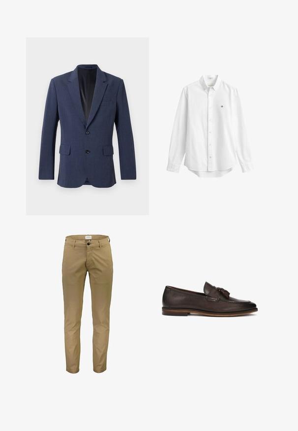 Marineblå blazer lavet af tekstureret stof med en enkeltknap-design, notch-lapel, to forlommer og to knapper.; Hvid skjorte med lange ærmer med knapper og krave samt lille broderet logo på venstre bryst, vist på en ensfarvet baggrund.; Lindbergh SUPERFLEX CHINO PANTS - Chino - deep sand; Mørkebrun læderloafer med en glat tekstur, dekorative kvaster og en kontrasterende brun sål. Klassisk slip-on design.