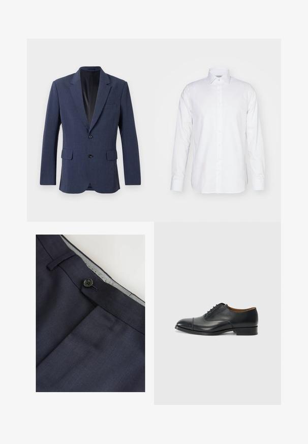 Marineblå blazer lavet af tekstureret stof med en enkeltknap-design, notch-lapel, to forlommer og to knapper.; Langærmet hvid skjorte i bomuld med krave, knaplukning foran og skræddersyet pasform med sideslids ved kanten.; Marinebukser med flad frontdesign, forlommer og sort knaplukning. Indersiden har en stribet stofaccent på taljen.; Sort lædersko med glat overflade, rund tå, fem snørrehuller og lav blokhæl. Minimalistisk design med diskret syninger.