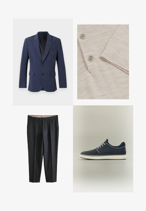 Marineblå blazer lavet af tekstureret stof med en enkeltknap-design, notch-lapel, to forlommer og to knapper.; Lys beige cardigan med en fin strikstruktur. Har tre metalliske knapper og ribbede manchetter for et struktureret finish.; Sorte formelle bukser med bæltestropper, sidelommer, forreste knap og lynlåslukning, vist mod en hvid baggrund.; Marineblå lavprofilsneaker med grå snørebånd, hvid sål og tekstureret overdel vist i sideprofil på neutral baggrund.