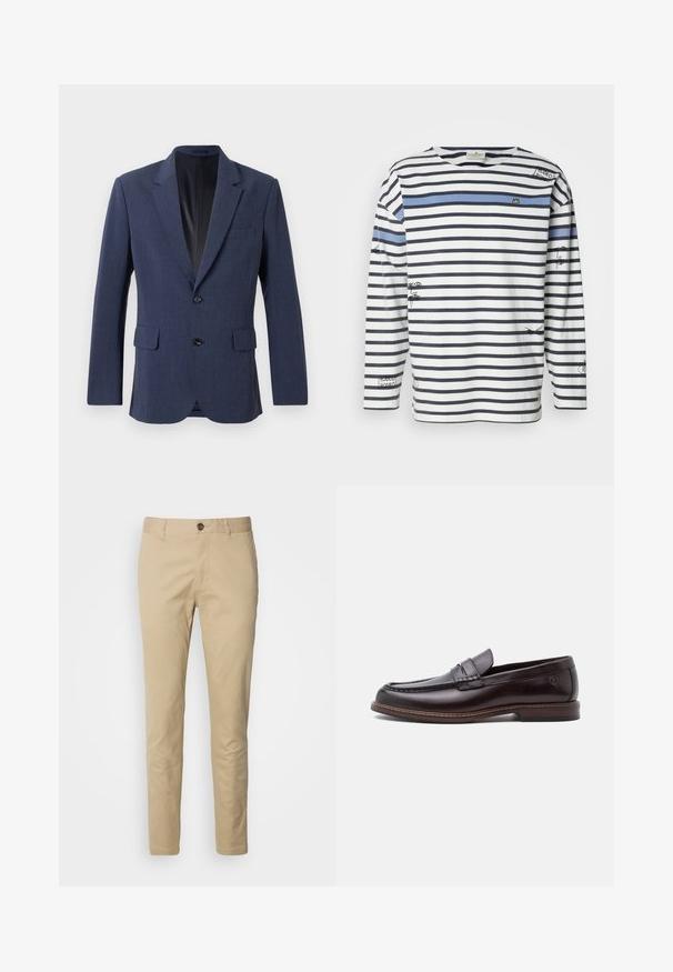 Marineblå blazer lavet af tekstureret stof med en enkeltknap-design, notch-lapel, to forlommer og to knapper.; Langærmet trøje med vandrette marineblå og hvide striber, en blå accentstribe samt grafiske illustrationer på fronten og ærmerne.; Beige chinos med knappelukning, slim fit og glat bomuldsstof. Har syningsdetaljer og standard fem-lomme design.; Mænds mørkebrune læder penny loafer med stingdetaljer og lav hæl, vist i sideprofil på hvid baggrund.