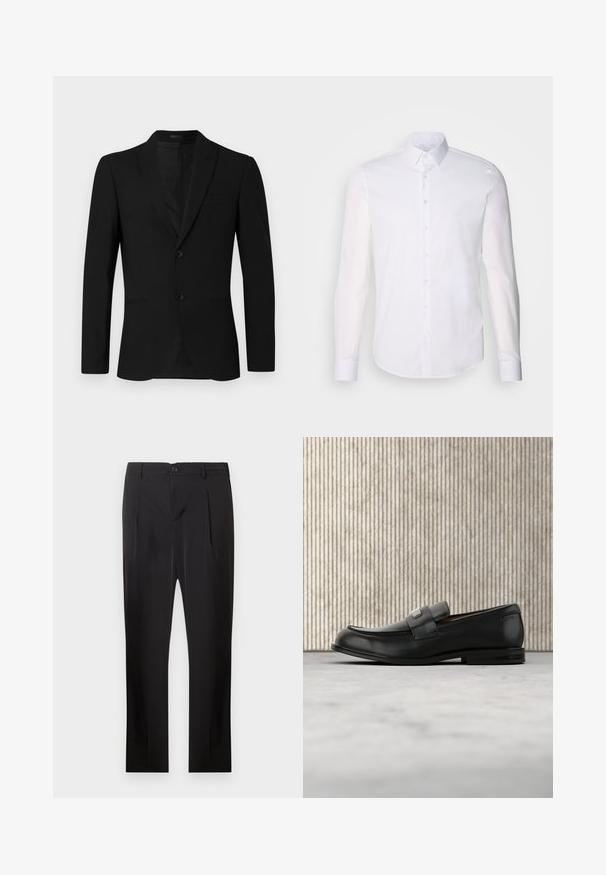 Chaqueta de traje negra con solapa de muesca, diseño de un solo botón, dos botones y bolsillo ribeteado; textura suave y ajuste entallado.; Camisa blanca de manga larga y botones, hecha de algodón, que presenta un cuello clásico, botones en la parte delantera y un detalle de costura minimalista.; Pantalones de traje negros con una textura suave, con corte recto, pliegues frontales y cierre de un solo botón en la cintura.; Mocasín de cuero negro con una placa metálica de marca apoyado cerca de una mesa redonda marrón sobre un suelo alfombrado beige.