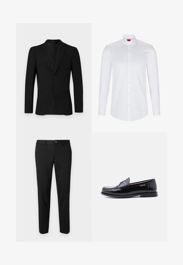 Chaqueta de traje negra con solapa de muesca, diseño de un solo botón, dos botones y bolsillo ribeteado; textura suave y ajuste entallado.; Camisa blanca de manga larga con botones, hecha de algodón suave. Presenta un cuello clásico, una botonera completa y un dobladillo redondeado.; Pantalones negros fabricados con una tela suave. Tienen un corte recto, un frente plano y un cierre de botón con un diseño sencillo en la cintura.; Mocasines de cuero negro con acabado brillante, que presentan un diseño cosido en la puntera y una suela baja de goma negra texturizada.