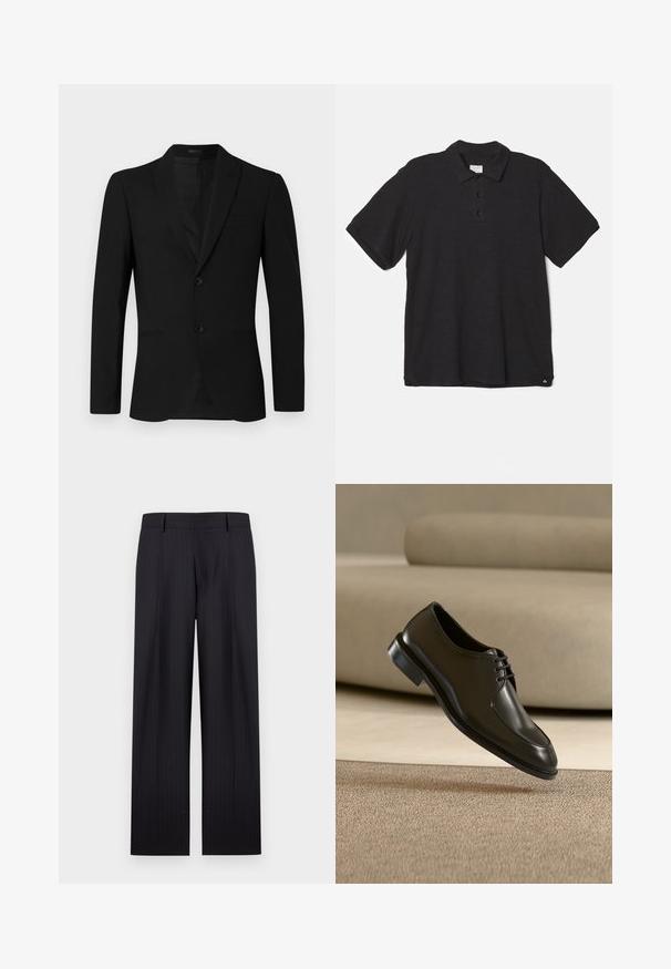 Chaqueta de traje negra con solapa de muesca, diseño de un solo botón, dos botones y bolsillo ribeteado; textura suave y ajuste entallado.; rag & bone CLASSIC FLAME - Polo - black; Pantalones de vestir negros de rayas con perneras rectas, trabillas para cinturón y cierre frontal con cremallera.; Zapato de vestir de cuero negro con cordones cerrados flotando sobre una alfombra beige, sofá beige desenfocado al fondo.
