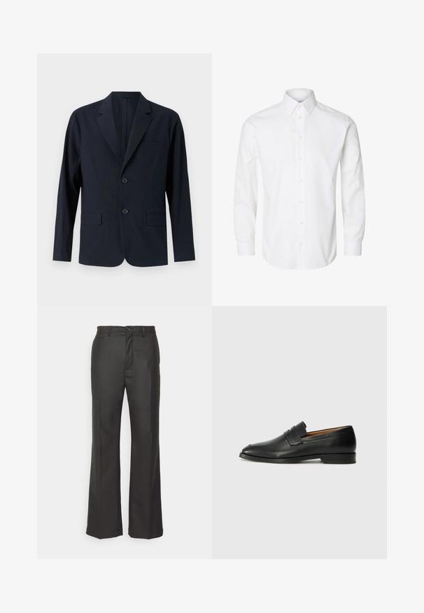 Blazer texturé bleu marine avec revers cranté, deux poches à rabat à l'avant et deux boutons. Coupe ajustée avec un design minimaliste.; Chemise blanche à manches longues avec boutons, col pointu, boutons visibles sur le devant et poignets fermés par des boutons.; forét Pantalon classique - dark grey; Mocassin en cuir noir avec un bout arrondi, des coutures subtiles et un talon bas, présentant une texture lisse et un design minimaliste.