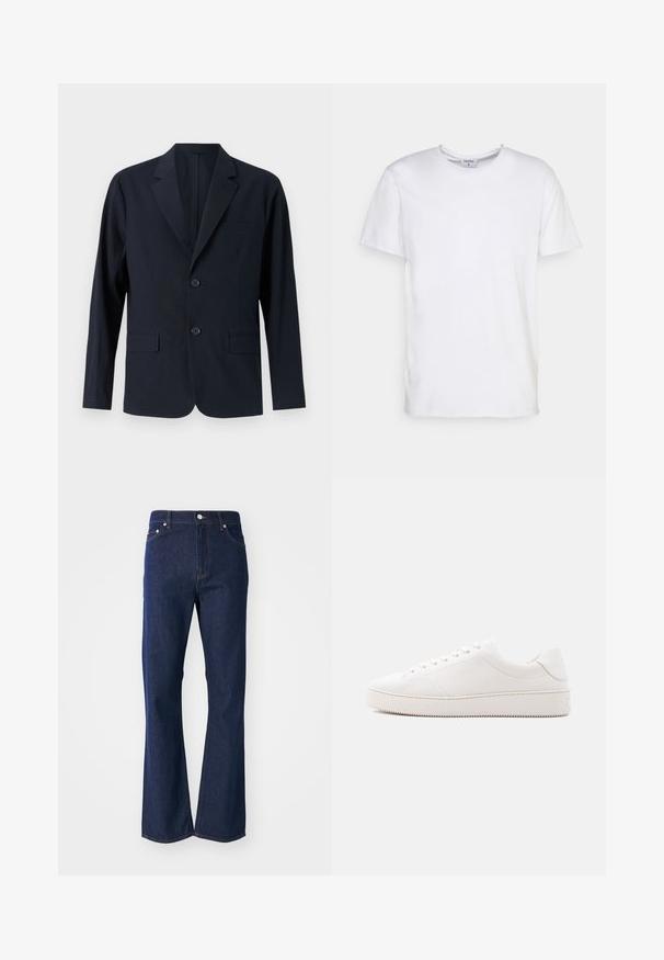 Blazer texturé bleu marine avec revers cranté, deux poches à rabat à l'avant et deux boutons. Coupe ajustée avec un design minimaliste.; T-shirt blanc à manches courtes en coton. Il présente un col rond et une coupe décontractée sans motifs ni accents visibles.; Jeans évasés de couleur bleu foncé en denim. Comprend cinq poches, une fermeture éclair à l'avant et un bouton métallique. Accents de couture classique.; Baskets en cuir blanc à finition lisse, bout rond, laçage à six œillets et semelle en caoutchouc texturée. Design minimaliste sans motifs.