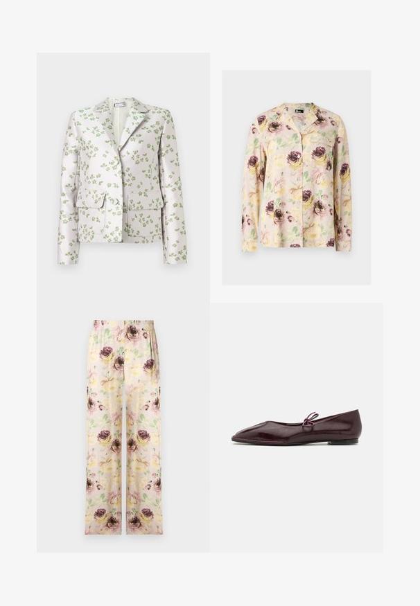 Blazer blanc avec imprimé floral vert, col cranté, manches longues, deux poches à rabat et boutons sur le devant.; Chemise à manches longues boutonnée avec un motif floral pastel jaune, rose et violet et une poche poitrine gauche.; Pantalon ample avec taille élastique et motif floral pastel comprenant des nuances de rose, jaune et vert sur un fond clair.; Ballerines en cuir verni bordeaux avec un bout pointu et un nœud décoratif violet sur le cou-de-pied ; design à semelle plate.