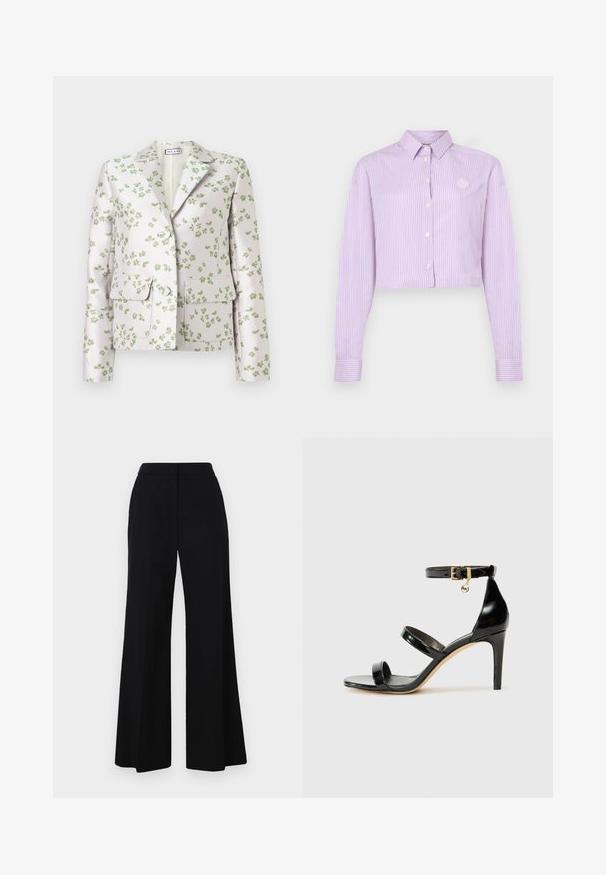 Blazer blanc avec imprimé floral vert, col cranté, manches longues, deux poches à rabat et boutons sur le devant.; Chemise à boutonnage raccourci en lilas avec des rayures verticales. Dotée d'un col classique, de manches longues et d'un petit logo près de la poitrine.; Pantalon large noir avec une taille haute, tissu lisse et lignes épurées. Pas de matériel visible ni de motifs.; Sandale en cuir verni noir avec trois brides, boucle de cheville et talon aiguille de 10 cm. Présente un détail en métal doré et un charm logo.