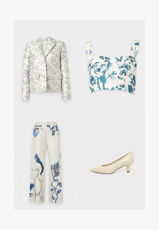 Blazer blanc avec imprimé floral vert, col cranté, manches longues, deux poches à rabat et boutons sur le devant.; Débardeur court blanc avec imprimé floral bleu et larges bretelles, zone de poitrine structurée avec coutures apparentes.; Pantalon beige à jambes larges avec des imprimés botaniques et d’oiseaux bleus, avec des feuilles et des branches détaillées et un oiseau perché sur une branche.; Chaussure femme couleur crème à bout pointu avec un petit talon rond en forme de boule, sur fond uni.