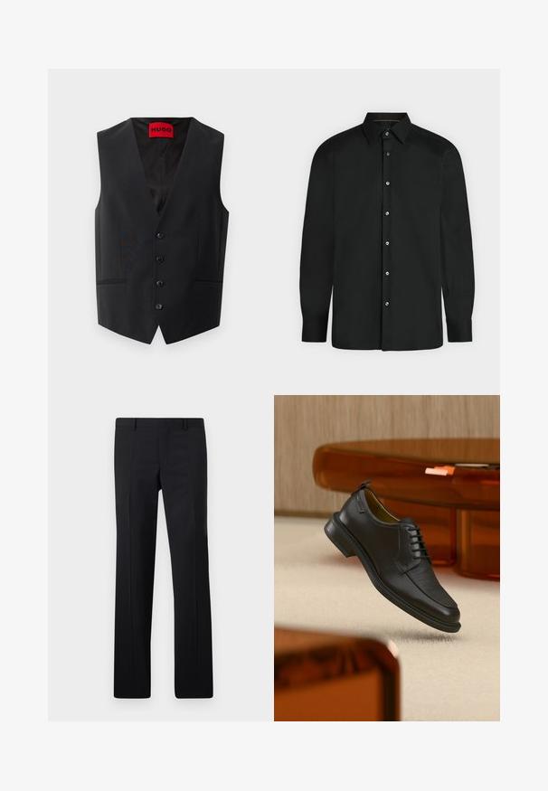 Gilet noir en tissu lisse, avec fermeture à cinq boutons sur le devant et deux poches latérales. Il dispose d'un décolleté en V profond et d'une étiquette rouge à l'intérieur.; Chemise noire à manches longues avec boutons, col pointu et poignets boutonnés, présentée sur un fond clair uni.; Pantalons noirs ajustés avec une coupe droite, des plis marqués et une finition lisse. Fabriqués en tissu léger avec une taille nette.; Chaussure habillée noire en cuir à lacets avec devant texturé, flottant au-dessus d'un tapis beige dans une pièce moderne avec des meubles teintés d'ambre.