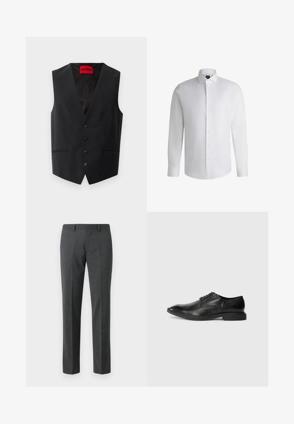 Gilet noir en tissu lisse, avec fermeture à cinq boutons sur le devant et deux poches latérales. Il dispose d'un décolleté en V profond et d'une étiquette rouge à l'intérieur.; Chemise blanche à manches longues en coton lisse, dotée d'un col classique, d'une patte de boutonnage complète et de poignets à bouton. Design minimaliste.; Pantalons ajustés gris foncé en textile lisse. Présente des jambes droites, une taille plate et des passants de ceinture. Pas de motifs ou d'accents visibles.; Chaussure habillée en cuir noir avec une texture lisse, bout pointu, design à lacets à six œillets et un petit talon rectangulaire. Détail de marque subtil sur le côté.