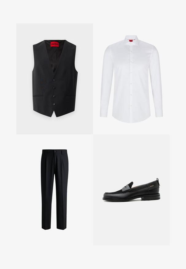 Gilet noir en tissu lisse, avec fermeture à cinq boutons sur le devant et deux poches latérales. Il dispose d'un décolleté en V profond et d'une étiquette rouge à l'intérieur.; Chemise blanche à manches longues avec boutons en coton lisse. Présente un col classique, une patte de boutonnage pleine et un ourlet arrondi.; Pantalons noirs en tissu lisse, avec une coupe droite, des plis à l'avant et une fermeture à bouton avec passants de ceinture.; Mocassin en cuir noir avec détail de bride grise, talon bas et semelle texturée, marqué "HUGO" en or sur le côté.