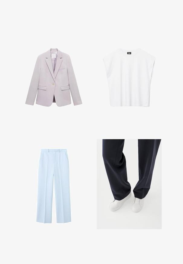 Lila blazer met een op maat gemaakt ontwerp, éénknops sluiting, twee voorkruiszakken en een reverskraag. Gladde stof met een lichte glans.; Witte mouwloze crop top met ronde hals en brede schouders, met een zwart "B6" label aan de binnenkant van de kraag.; Lichtblauwe op maat gemaakte broek met riemlussen, zijzakken en voorplooien.; Witte sneakers met gestructureerde rubberen zolen en platte veters, gecombineerd met donkerblauwe broeken die een losse, soepele stof en een getailleerde pasvorm laten zien.