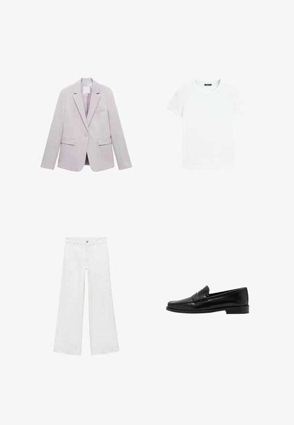 Lila blazer met een op maat gemaakt ontwerp, éénknops sluiting, twee voorkruiszakken en een reverskraag. Gladde stof met een lichte glans.; Effen wit t-shirt met korte mouwen en ronde hals, plat gelegd op een witte achtergrond.; Witte, wijde jeans met een knoopsluiting en vijf zakken, vervaardigd uit denim met een soepele textuur, met een klassiek ontwerp.; Mango Instappers - black