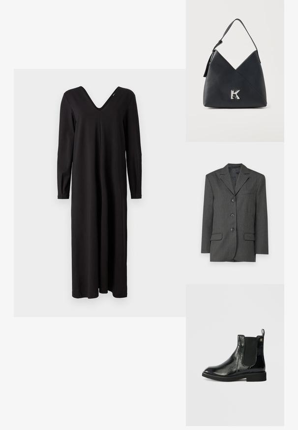Donkergrijze pinstripe blazer met geknipte revers, drie frontknopen, twee voorzakken en een enkel borstzakje. Glad stoftextuur.; Zwarte lange mouwen jurk met een V-hals, gemaakt van een zachte, rekbare stof, met een losse pasvorm en een rechte zoom.; Zwarte leren Chelsea boot met glanzende afwerking, elastische zijpanelen en lus. Platte zool en ronde neus. Minimalistisch ontwerp met gouden logodetail.; Zwarte gestructureerde leren schoudertas met een hoekig ontwerp en een zilveren metalen "K"-logo aan de voorkant.