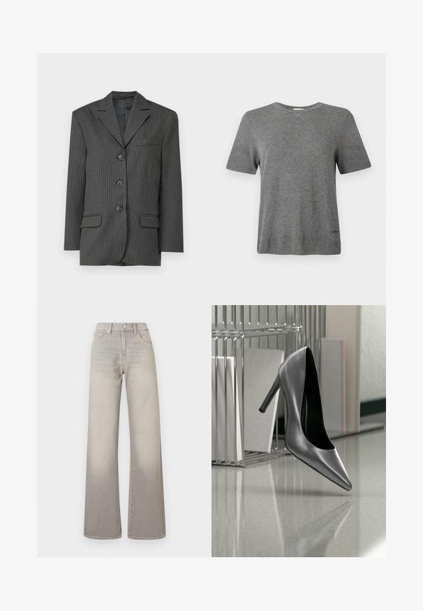 Blazer à rayures fines gris foncé avec revers crantés, trois boutons à l'avant, deux poches avant et une poche poitrine. Texture de tissu lisse.; T-shirt gris à manches courtes en tissu doux. Col rond, coupe décontractée, avec un logo discret à l'ourlet. Texture lisse partout.; Jean large gris avec une finition délavée, fermeture à bouton, design à cinq poches et coutures conçues le long des coutures.; Chaussure noire à talon haut suspendue en l'air devant un classeur métallique avec des dossiers sur une surface polie.