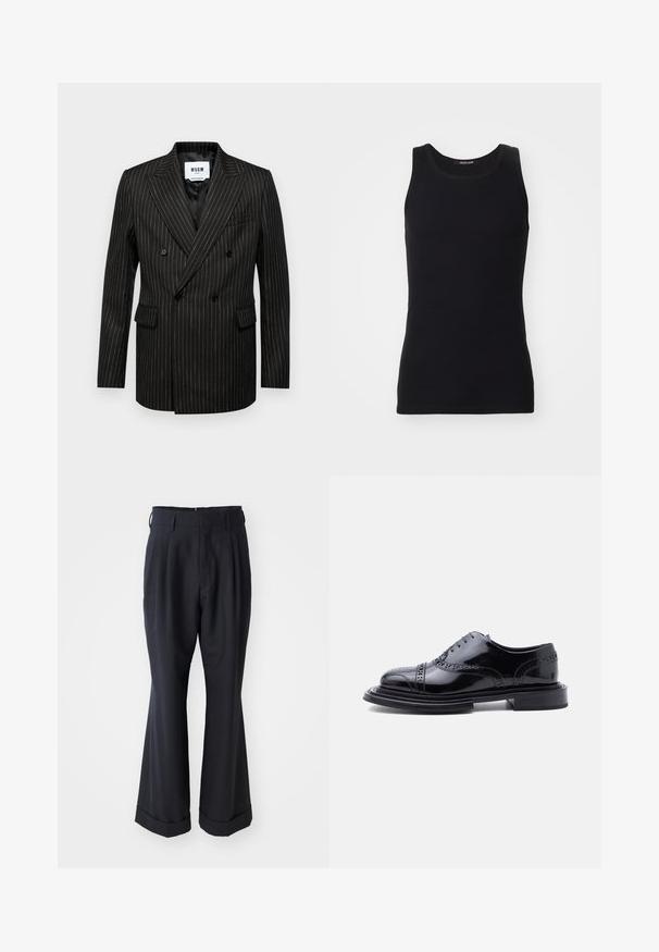 Blazer noir double boutonnage avec des rayures blanches, revers crantés, deux poches avant et une doublure intérieure lisse. Étiquette de la marque visible à l'intérieur.; Débardeur noir en matériau lisse et extensible. Doté d'un col rond et sans manches, avec une coupe ajustée et un design simple.; Pantalons noirs ajustés avec une coupe décontractée, devant plissé et jambes larges. Caractéristiques d'un ourlet à retournement et d'une texture de tissu lisse.; Chaussure habillée à brogue en cuir noir poli avec perforations style wingtip et talon empilé, présentée en profil latéral sur fond blanc.