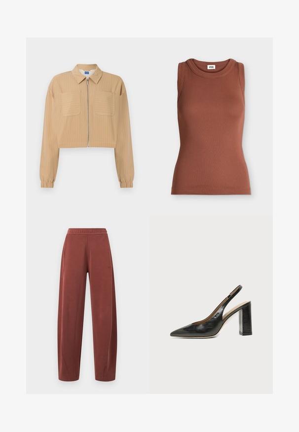 Veste beige courte à fines rayures blanches, fermeture éclair à l'avant, deux poches poitrine, manches longues avec poignets élastiques, et col pointu.; Débardeur marron slim fit en côtes sans manches avec encolure ronde et étiquette de marque à l’intérieur du col.; Pantalon droit à taille élastique marron avec poches latérales et détails de couture subtils.; Chaussure slingback en cuir noir à bout pointu avec un talon bloc haut et une doublure intérieure beige sur un fond clair uni.