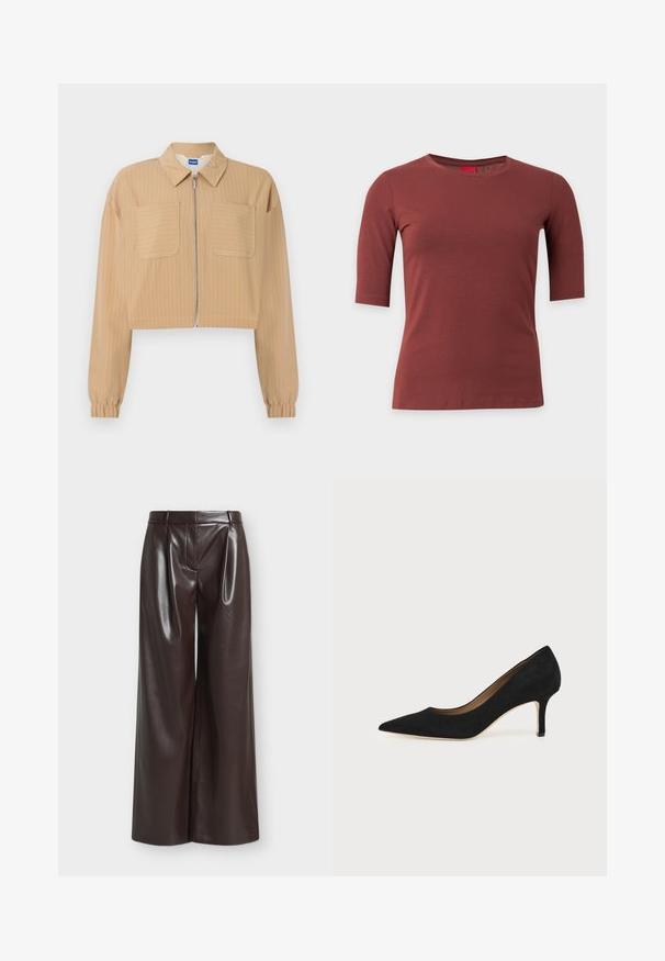 Veste beige courte à fines rayures blanches, fermeture éclair à l'avant, deux poches poitrine, manches longues avec poignets élastiques, et col pointu.; T-shirt marron à manches courtes et col rond, uni, coupe régulière, présenté sur fond blanc.; Pantalon marron en simili cuir taille haute, jambes larges avec passants de ceinture et couture frontale sur fond uni.; Escarpin en daim noir à bout pointu avec un talon stiletto fin de hauteur moyenne et un design à coupe basse sur un fond uni.