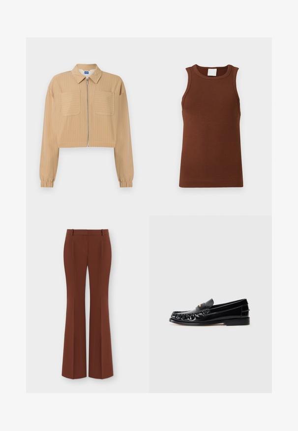Veste beige courte à fines rayures blanches, fermeture éclair à l'avant, deux poches poitrine, manches longues avec poignets élastiques, et col pointu.; Haut sans manches marron côtelé avec un col rond. Confectionné en tissu extensible, il présente une coupe ajustée et une texture unie.; Pantalon marron taille haute pour femme avec passants de ceinture et jambes larges évasées, présenté à plat sur fond blanc.; Mocassins en cuir noir avec un bout arrondi, des coutures décoratives et un petit accent doré sur le dessus. Semelle en caoutchouc plate, design épuré.