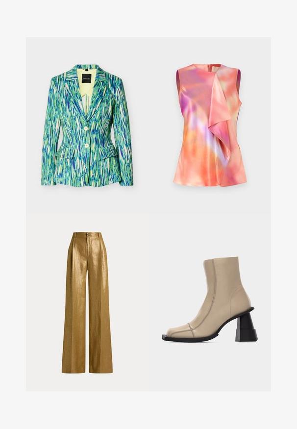 Blazer pour femme ajusté avec motif abstrait de coups de pinceau verts, bleus et blancs, deux boutons, revers cranté et poches à rabat.; Débardeur en satin, orné d'un motif abstrait coloré dans des tons de rose, d'orange et de violet, avec un design drapé à l'avant.; Pantalon taille haute à jambes larges en tissu doré métallique avec fermeture bouton et zip, et passants de ceinture à la taille.; Bottine beige en cuir avec bout carré, couture visible, et talon bloc noir sculpté et épais sur fond blanc.