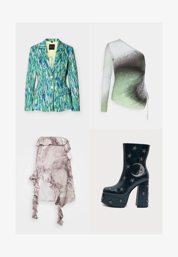 Blazer pour femme ajusté avec motif abstrait de coups de pinceau verts, bleus et blancs, deux boutons, revers cranté et poches à rabat.; Elleme ONE SHOULDER - T-shirt à manches longues - light green/white; ROKH MIDI SKIRT RUFFLES - Jupe trapèze - purple; Botte noire à plateforme avec talon bloc, décorée d'étoiles brodées argentées et d'un croissant de lune sur le côté.