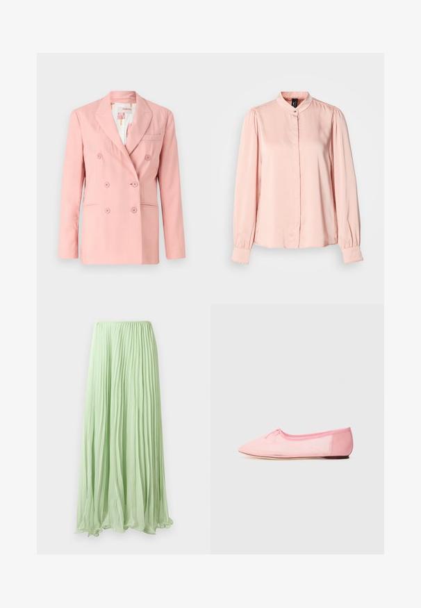Rosa dobbeltrækker blazer med notch lapels, to frontlommer og seks matchende knapper; glat stof og skræddersyet pasform.; Lyserød bluse i glat stof med mandarinkrave, lange ærmer med elastiske manchetter og knaplukning.; Lys grøn plisseret lang skirt lavet af let stof med elastisk talje, præsenteret mod en hvid baggrund.; Lyserød balletflad med blødt stof, præget af spidse tå og en lille sløjfedetalje på overdelen, samt en lav og fleksibel sål.