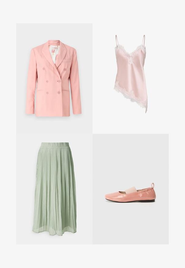 Blazer rose à double boutonnage avec revers notés, deux poches avant et six boutons assortis ; tissu lisse et coupe ajustée.; Caraco en satin rose clair avec bordure en dentelle blanche le long du décolleté en V, de l'ourlet et fines bretelles réglables, avec un ourlet asymétrique.; Jupe midi plissée en tissu vert clair avec une texture douce. Taille élastique, design fluide et léger éclat partout.; Ballerines synthétiques roses avec une texture brillante, un bout carré et une bande élastique douce sur le cou-de-pied. Semelle en caoutchouc noire et tirette à l'arrière.
