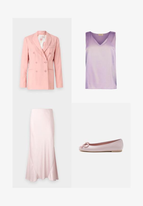 Rosa dobbeltrækker blazer med notch lapels, to frontlommer og seks matchende knapper; glat stof og skræddersyet pasform.; Ærmeløs lavendel satin top med V-halsudskæring og lige kant, fra Falconeri Beta-kollektionen.; Lyserød satin midi-nederdel med A-formet silhuet og fine diagonale sømdetaljer på en ensfarvet baggrund.; Lyserød lakballerina med rundet tå, snoet snøre sløjfe foran og lav beige sål på hvid baggrund.