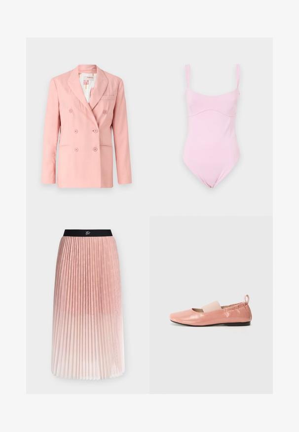Blazer rose à double boutonnage avec revers notés, deux poches avant et six boutons assortis ; tissu lisse et coupe ajustée.; Good American TANK - Débardeur - flora; Jupe midi plissée rose avec ceinture élastique noire arborant un détail de logo blanc en écriture cursive.; Ballerines synthétiques roses avec une texture brillante, un bout carré et une bande élastique douce sur le cou-de-pied. Semelle en caoutchouc noire et tirette à l'arrière.