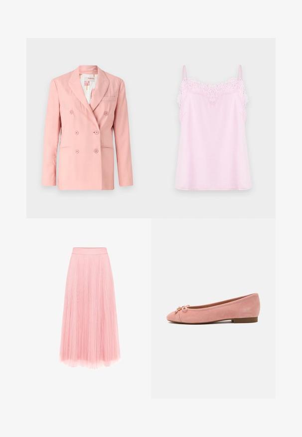 Blazer rose à double boutonnage avec revers notés, deux poches avant et six boutons assortis ; tissu lisse et coupe ajustée.; Camisole rose avec des bretelles réglables, ornée d'une délicate bordure en dentelle le long de l'encolure et d'une texture de tissu lisse et doux.; zero MIT PLIESSENDEM BECHER - Jupe plissée - bridal rose; Ballerine plate en daim rose doux avec petit nœud et accent doré sur l'avant arrondi, talon bas et semelle lisse.