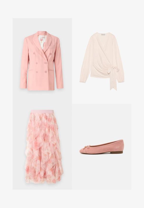 Blazer rose à double boutonnage avec revers notés, deux poches avant et six boutons assortis ; tissu lisse et coupe ajustée.; Enveloppez le haut dans un tissu doux et léger de couleur rose pâle. Il présente des manches longues, un lien à la taille et un drapé délicat à l'avant.; Jupe midi en tulle rose à couches avec motif floral et taille élastique, présentant des textures douces et volantées.; Ballerine plate en daim rose doux avec petit nœud et accent doré sur l'avant arrondi, talon bas et semelle lisse.