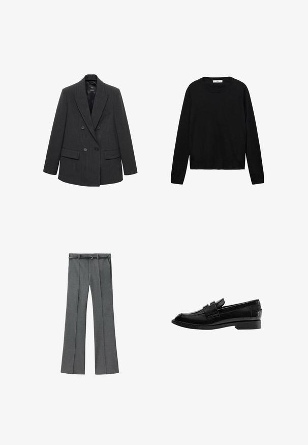 Dunkelgrauer, gestreifter, doppelt geknöpfter Blazer mit Reverskragen, vier Knöpfen und aufgesetzten Taschen auf weißem Hintergrund.; Schwarzer Langarmpullover aus weichem Material mit Rundhalsausschnitt und gerippten Bündchen, der ein einfaches und gerades Schnittdesign aufweist.; Graue maßgeschneiderte Hose mit geradem Beinschnitt, leichtem Stoff, Gürtelschlaufen und einem schmalen Gürtel mit einer silbernen Schnalle.; Schwarzer Lederloafer mit glänzendem Finish, leicht spitzer Zehenpartie, Schlupfdesign und niedrigem rechteckigem Absatz mit gesteppten Details.