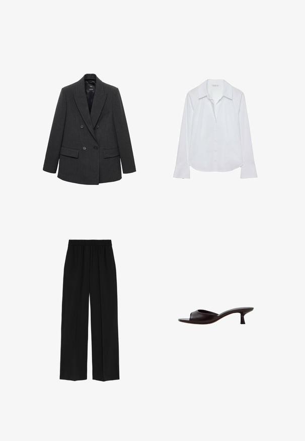 Dunkelgrauer, gestreifter, doppelt geknöpfter Blazer mit Reverskragen, vier Knöpfen und aufgesetzten Taschen auf weißem Hintergrund.; Weißes Langarmhemd mit klassischem Kragen, Vorderknopfleiste und leicht ausgestellten Manschetten, gefertigt aus glattem Stoff mit dezentem Schimmer.; Marks & Spencer WIDE - Stoffhose - black; Schwarze offene Mule-Sandale mit niedrigem geschwungenem Absatz und glattem Lederobermaterial vor weißem Hintergrund.