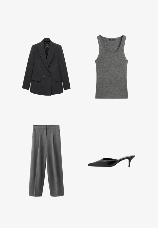 Dunkelgrauer, gestreifter, doppelt geknöpfter Blazer mit Reverskragen, vier Knöpfen und aufgesetzten Taschen auf weißem Hintergrund.; Graues geripptes ärmelloses Stricktop mit Rundhalsausschnitt und einem kleinen schwarzen Markenlabel innen am Kragen.; Graue Weitbein-Hosen mit vorderen Falten, Seitentaschen und hohem Bund, gefertigt aus einem glatt strukturierten Stoff.; Schwarzer Leder-Mule mit spitz zulaufender Zehenpartie, niedrigem, schlankem Absatz und hinten offenem Schlupf-Design.