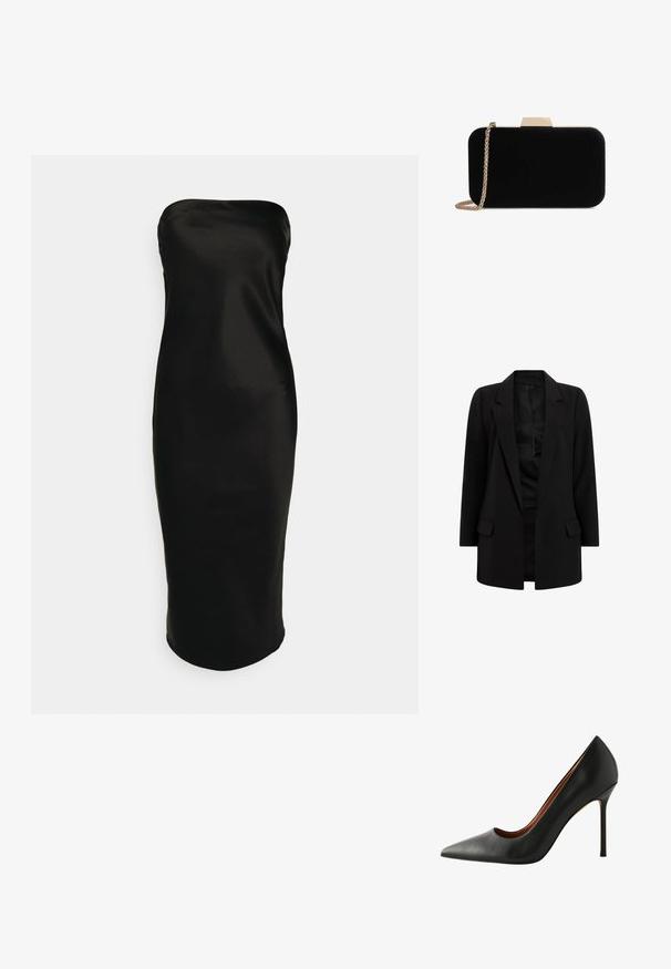 Sort blazer lavet af et glat stof. Har en klippet revers, to frontlommer og et åbent frontdesign. Klassisk skræddersyet silhuet.; Gina Tricot TUBE MIDI DRESS - Cocktailkjole / festkjole - black; Sorte læder højhælede pumps med spids tå og slank silhuet. Karakteristika inkluderer en glat overflade og slank stiletto hæl.; Sort velour clutch med guldfarvede detaljer, rektangulær form og kædestrop, der har en glat tekstur og ingen synlige mønstre.