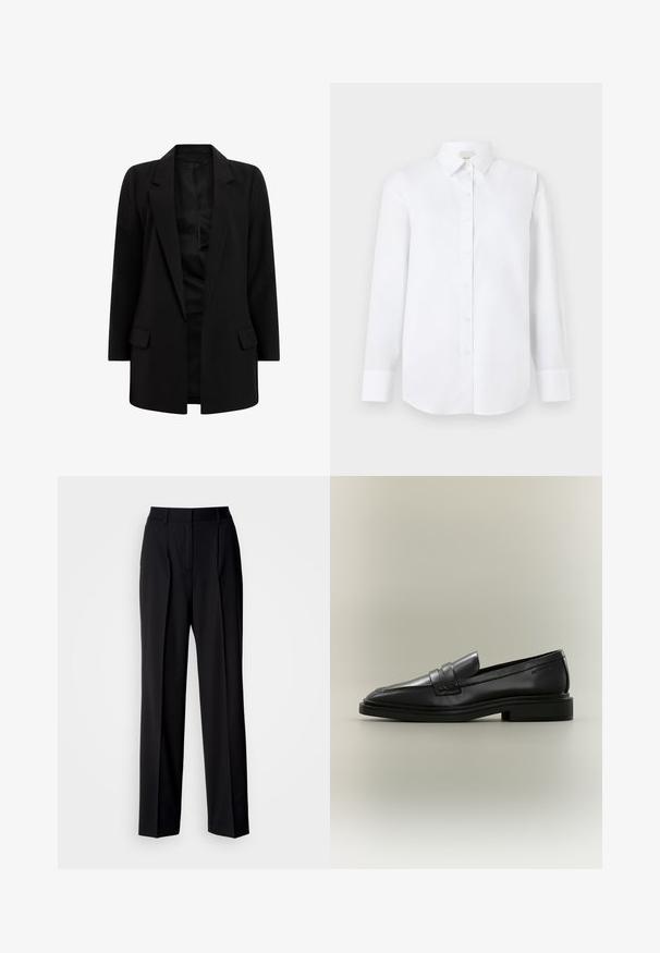 Blazer negro hecho de una tela suave. Cuenta con solapas muestradas, dos bolsillos frontales y un diseño de frente abierto. Silueta clásica y entallada.; Camisa blanca de manga larga hecha de tejido suave, con cierre de botones en la parte delantera, collar clásico y dobladillo redondeado con puños abotonados.; Pantalones negros a medida con cintura alta, pliegues y corte de pierna ancha. Fabricados con tela suave, con parte delantera lisa y trabillas para cinturón.; Mocasín penny de cuero negro con tacón bajo, puntera redondeada y detalles cosidos sobre un fondo neutro.