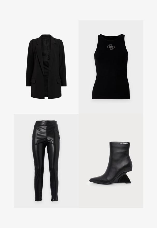 Sort blazer lavet af et glat stof. Har en klippet revers, to frontlommer og et åbent frontdesign. Klassisk skræddersyet silhuet.; Sort ribbet tank top med rund udskæring og et logo prydet med sølvfarvede nitter på forsiden. Blødt, strækbart stof.; Højtaljede sorte faux læder leggings med en glat, skinnende tekstur, sidesømme og lynlåse ved anklerne for en tætsiddende silhuet.; Sort læderankelstøvle med buet skulptureret hæl og Karl Lagerfeld-logo nær den øverste kant på hvid baggrund.