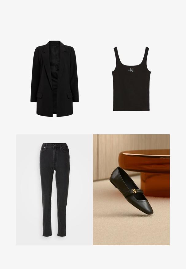 Blazer negro hecho de una tela suave. Cuenta con solapas muestradas, dos bolsillos frontales y un diseño de frente abierto. Silueta clásica y entallada.; Camiseta de tirantes negra con textura acanalada, tirantes anchos y logo de Calvin Klein en blanco en el centro del pecho, sobre fondo blanco.; Vaqueros negros de cintura alta con un ajuste slim, que cuentan con un cierre de botones, trabillas para cinturón y costuras en contraste. Textura suave, sin patrones visibles.; Zapato plano de cuero negro con puntera puntiaguda y logo dorado de CK en la correa, colocado sobre una alfombra beige cerca de una mesa redonda marrón ámbar.