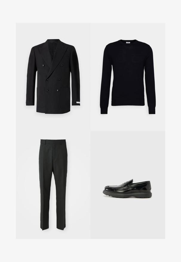 Dobbeltradet sort blazer lavet af fint stof, med to forlommer, klippede revers og sorte knapper. Skræddersyet pasform.; Sort langærmet sweater lavet af blødt strikket materiale. Rund halsudskæring, ribbede manchetter og kant. Minimalistisk design uden synlige mønstre eller knapper.; Grå stribede bukser med lige ben design, der har en glat tekstur og en standardtalje. Ingen fremtrædende hardware eller detaljer.; Sort læderloafer med en blank finish, rund tå, subtile syninger og en tyk gummisål for holdbarhed.
