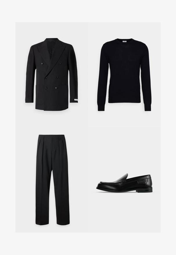 Dobbeltradet sort blazer lavet af fint stof, med to forlommer, klippede revers og sorte knapper. Skræddersyet pasform.; Sort langærmet sweater lavet af blødt strikket materiale. Rund halsudskæring, ribbede manchetter og kant. Minimalistisk design uden synlige mønstre eller knapper.; Sorte formelle bukser med plisseringer, bæltestropper og knaplukning ved taljen, vist mod en ensfarvet lys baggrund.; Sort læder slip-on loafer med lav hæl, rundet tå og dekorative syninger langs øverste kant.