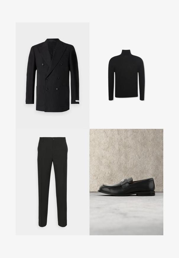 Dobbeltradet sort blazer lavet af fint stof, med to forlommer, klippede revers og sorte knapper. Skræddersyet pasform.; Sort langærmet rullekravebluse med slank pasform og diskret logo på venstre brystområde, vist på hvid baggrund.; Sorte skræddersyede bukser med lige snit, der har en enkelt knaplukning og bæltestropper. Glat, mat stof uden mønstre.; Sort læderloafer med metalbrandskilt hvilende nær et brunt rundt bord på beige tæppe.