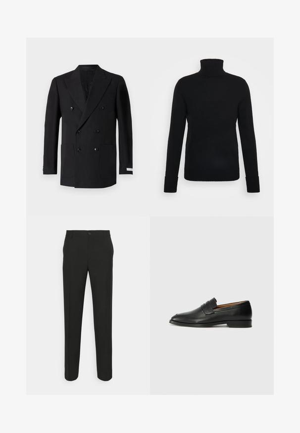 Dobbeltradet sort blazer lavet af fint stof, med to forlommer, klippede revers og sorte knapper. Skræddersyet pasform.; FTC Cashmere ROLLNECK - Striktrøje - moonless night; Sorte skræddersyede bukser med lige snit, der har en enkelt knaplukning og bæltestropper. Glat, mat stof uden mønstre.; Sort læder loafer med rund tå, diskret syning, og lav hæl, der har en glat tekstur og minimalistisk design.
