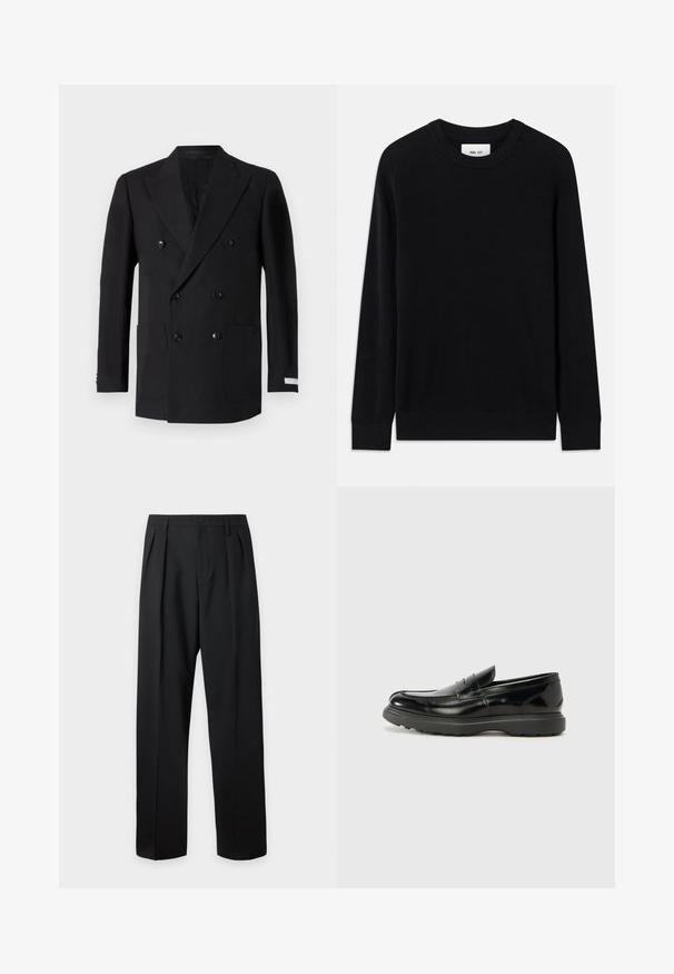 Dobbeltradet sort blazer lavet af fint stof, med to forlommer, klippede revers og sorte knapper. Skræddersyet pasform.; Sort ribbet sweater med rund halsudskæring, lange ærmer og strikket tekstur. Har en lige kant og en subtil brandinglabel indeni.; Sorte skræddersyede bukser med høj talje, bæltestropper, frontfolder, knaplukning og lige vide ben på en lys baggrund.; Sort læderloafer med en blank finish, rund tå, subtile syninger og en tyk gummisål for holdbarhed.