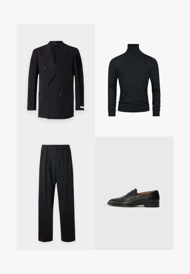 Dobbeltradet sort blazer lavet af fint stof, med to forlommer, klippede revers og sorte knapper. Skræddersyet pasform.; Sort turtleneck sweater med lange ærmer, lavet af et glat strikstof, med ribbede manchetter og søm for et tætsiddende udseende.; Sorte formelle bukser med plisseringer, bæltestropper og knaplukning ved taljen, vist mod en ensfarvet lys baggrund.; Sort læder loafer med rund tå, diskret syning, og lav hæl, der har en glat tekstur og minimalistisk design.