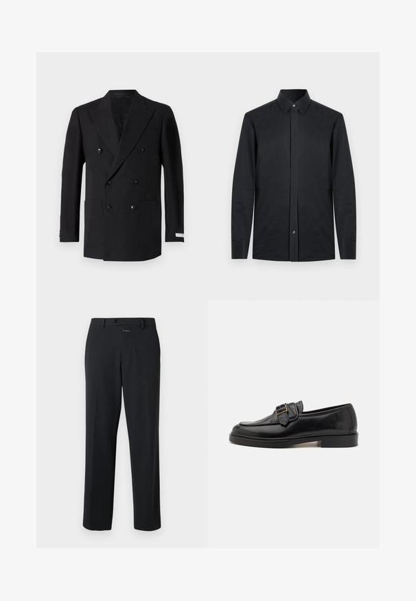 Dubbelzijdige zwarte blazer van fijne stof, met twee voorzakken, geknipt revers en zwarte knopen. Perfecte pasvorm.; Zwarte langemouwen shirt met een puntkraag, enkele knoop aan de voorkant en rechthoekige manchetten. Gemaakt van glad, lichtgewicht stof.; Zwarte broek met een rechte pasvorm, gemaakt van gladde stof. Voorzien van een knoopsluiting aan de voorkant en subtiele stikdetails. Eenvoudig ontwerp zonder patronen.; Zwarte leren instappers met een ronde neus en een decoratieve gesp. Platte, stevige hak en een gladde textuur overal.