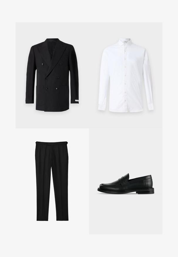Dobbeltradet sort blazer lavet af fint stof, med to forlommer, klippede revers og sorte knapper. Skræddersyet pasform.; Hvid langærmet skjorte med knapper i bomuld, med klassisk krave, lige snit og en glat tekstur med matchende knapper.; Sort skræddersyede bukser med en glat tekstur, der har en knaplukning og lige ben. Ingen synlige lommer eller mønstre.; Sort læder herre penny loafer med lav stablet hæl og rundet tå vist fra siden på lys grå baggrund.