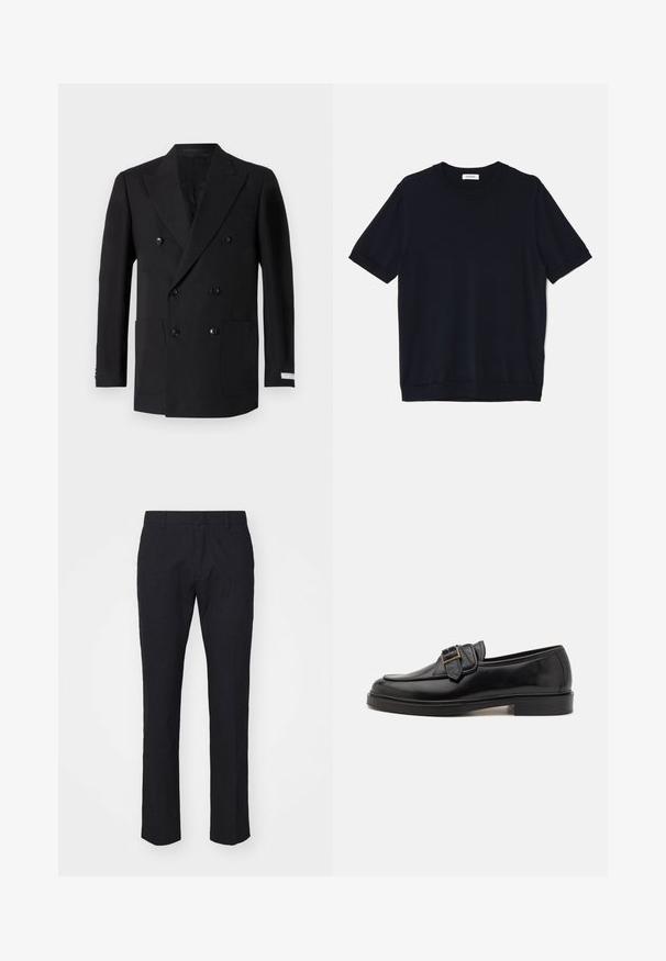 Dubbelzijdige zwarte blazer van fijne stof, met twee voorzakken, geknipt revers en zwarte knopen. Perfecte pasvorm.; sandro PABLO TEE - T-shirt basic - noir; Marineblauwe broek in een tailored snit, gemaakt van soepel materiaal. Bevat een vlakke voorkant, riemlussen en rechte pijpen met een schone zoom.; Zwarte leren instappers met een ronde neus en een decoratieve gesp. Platte, stevige hak en een gladde textuur overal.