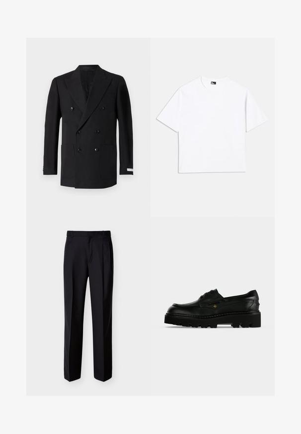 Dobbeltradet sort blazer lavet af fint stof, med to forlommer, klippede revers og sorte knapper. Skræddersyet pasform.; Hvid kortærmet t-shirt lavet af bomuld. Har en klassisk rund hals, afslappet pasform og ingen synlige mønstre eller grafik.; Sorte skræddersyede bukser med lige snit, foldet forstykke og sidelommer. Fremstillet af et glat, let stof med et ensartet mønster.; Sort læder chunky såle snørestøvle med tyk mønstret ydersål og lille gyldent logo på siden.