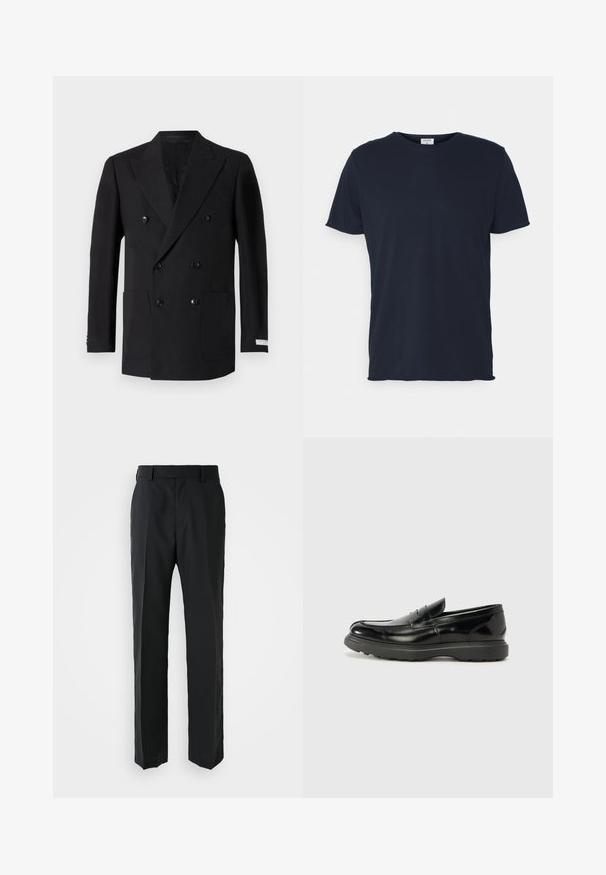 Dubbelzijdige zwarte blazer van fijne stof, met twee voorzakken, geknipt revers en zwarte knopen. Perfecte pasvorm.; Navyblauwe katoenen t-shirt met ronde hals en korte mouwen, met een gladde textuur en eenvoudig ontwerp, zonder zichtbare patronen of accenten.; Zwarte broek met een rechte pijpdesign, gemaakt van gladde stof. Heeft een platte tailleband en geen zichtbare patronen of versieringen.; Zwarte leren instapper met een glanzende afwerking, een ronde neus, subtiele stiksels en een dikke rubberen zool voor duurzaamheid.