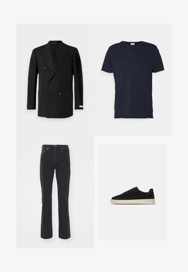 Dubbelzijdige zwarte blazer van fijne stof, met twee voorzakken, geknipt revers en zwarte knopen. Perfecte pasvorm.; Navyblauwe katoenen t-shirt met ronde hals en korte mouwen, met een gladde textuur en eenvoudig ontwerp, zonder zichtbare patronen of accenten.; Zwarte denim jeans met een rechte pijpdesign, voorzien van vijf zakken en een knoopsluiting. De stof heeft een subtiele textuur en stevige afwerking.; Zwarte suède lage sneaker met zwarte veters en witte rubberen zool, zijaanzicht op een effen lichtgrijze achtergrond.